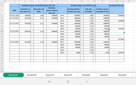 C D E F G H I J K L M N Inventory layers converted to cost Inventory DVL cost Inventory Layers converted to base year cost In