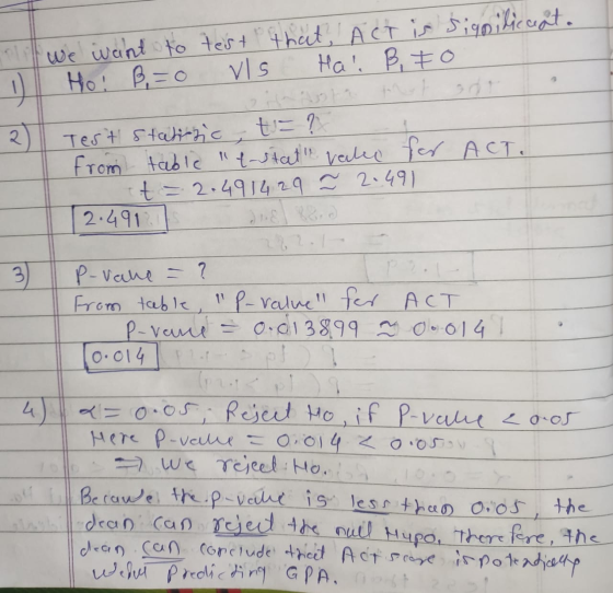 ili we want to test that, Act is signilicciata 1 Ho: B=0 vis Hall B. to 2 Test Stati-zic, t = ? from table estate vale for A