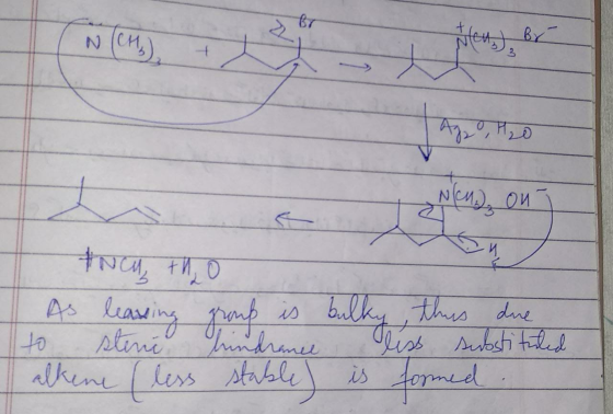 Br Nend on Incu, to As leaving group is group is bulky this due bulky, to stene hindrance less us while substituted alkene (l