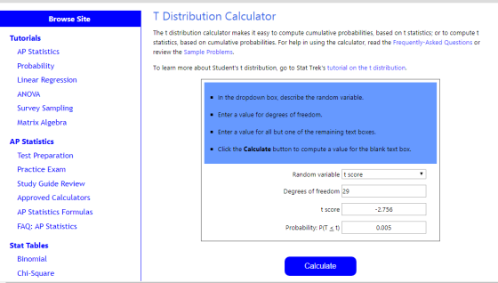 Browse Site T Distribution Calculator The t distribution calculator makes it easy to compute cumulative probabilities, based