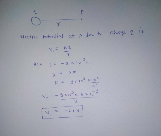 om electric potential at p due to charge q 18 Up = kg q= -8x 109c Her 8= 3m K= 9X10 Nm ² c2 Vp = – 9 x 10 x 8X10-9 Wp = -24V