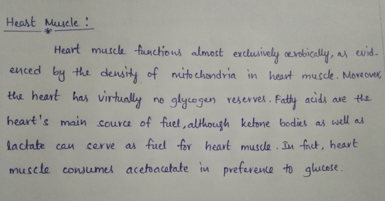 Heart Muscle? Heart muscle functions almost exclusively oerobically, as evid enced by the density of mitochondria in heart mu