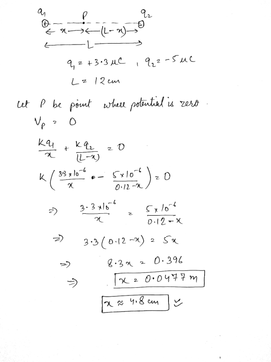 P qz ou v ta *L-n) 9, 2+3.3 uc q₂2 -5 uc L 2 1 2 им let p be P be point where potential is zero Np 2 0 ka a kar t zo 12-x) 33