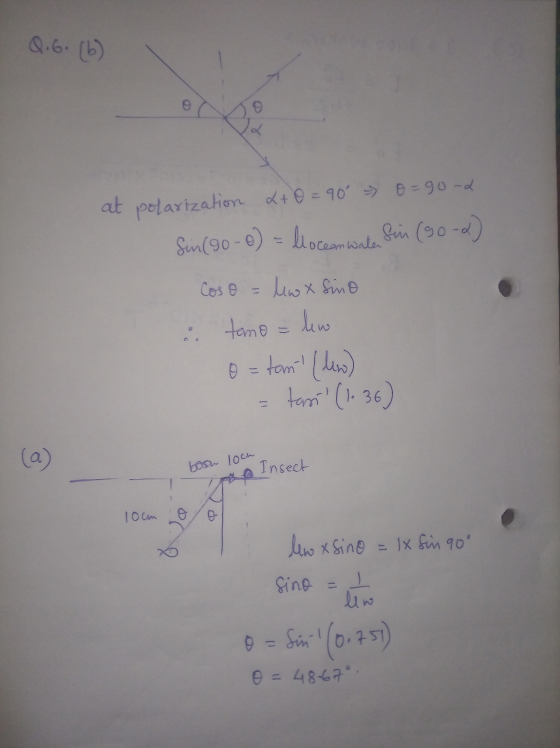 Q.6. (b) A at polarization 2+0 = 90° 0=90-2 Sain (90-c) = liocem wita Si (90-c) Coso = Mew x Sino & tame = kw. o = tant (low)