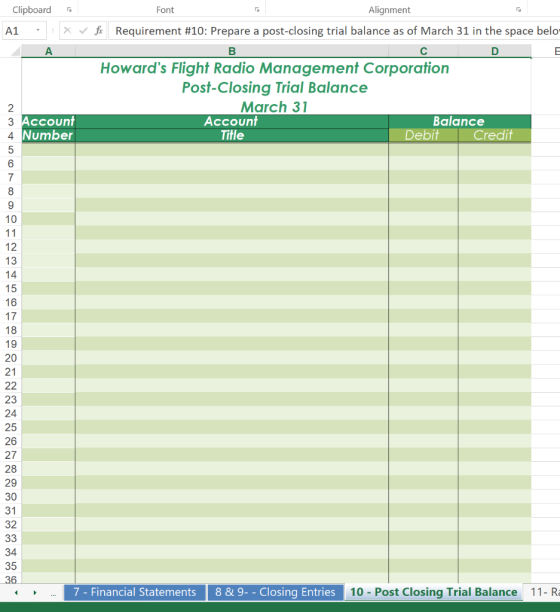 Clipboard Font Alignment B A1 ✓ fir Requirement #10: Prepare a post-closing trial balance as of March 31 in the space belo A