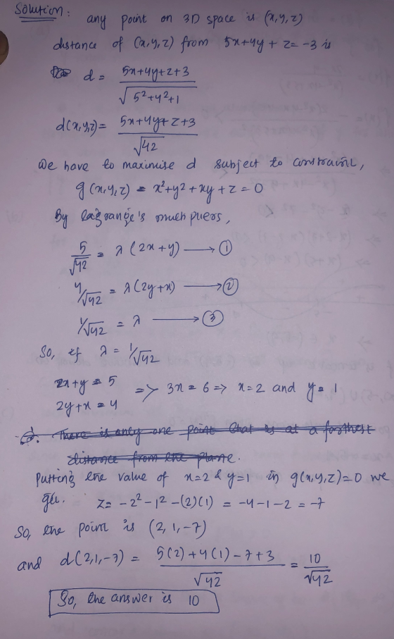 solution : any point on 3D space is (0,9, 2) distance of Ca. 9, 2) from farny + Z=-3 is Do da Suruy+2+3 √52+42+1 dc & Y,Z) =