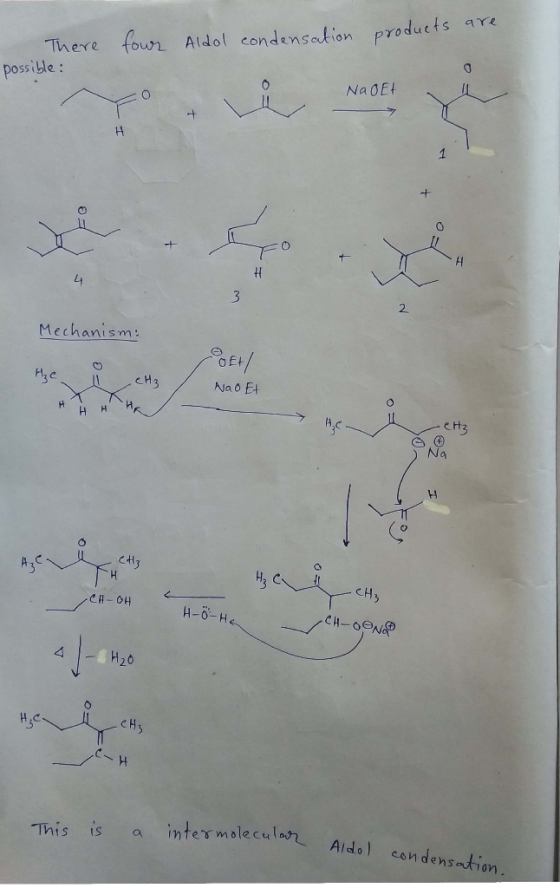 four Aldol condensation products are There possible : NaOET s H Mechanism: H₂c l cH3 OE+/ Nao Et # Ha - CH₃ etz -CH-OH - CH₂