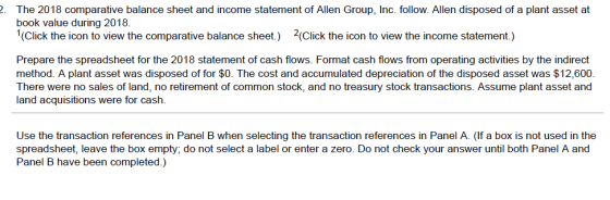 2. The 2018 comparative balance sheet and income statement of Allen Group, Inc. follow. Allen disposed of a plant asset at bo