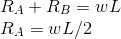 \\ R_A+R_B=wL \\ R_A=wL/2