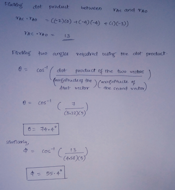 Ffactkag cdot produd between TAc and TAo Frndeng tuo angtee required ustng the dot product 0Cos dot product of the two vectorx fract vectom tne second vector C5.22)C5) 4.4 -1 (4.58)C5 中 55-4