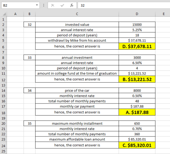 В2 32 A В C D 1 invested value 2 32 15000 annual interest rate 5.25% 3 period of deposit (years) 18 $37,678.11 D. $37,678.11