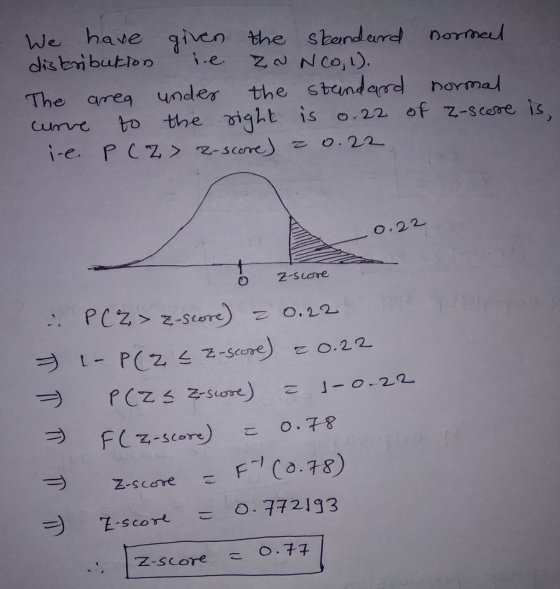 We have given the standard distribution Z Nol). The area under the standard normal curve to the right is 0.22 of a-score is,