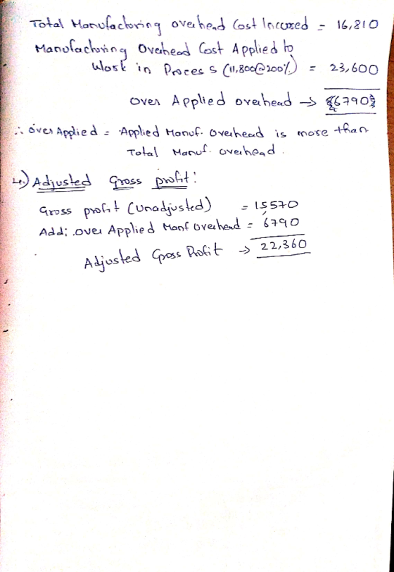 Total Manufactoring overhead Cost Incoxed - 16,210 Manufacturing Overhead Cost Applied to wlost in proces s (1,800@2001) - 23