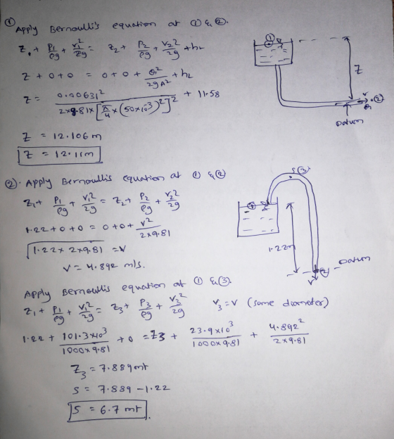 * Apply Bernoullis equation at wa Z toto = otot oi th 29 A2 = 0.006312 2x98 x [Ex(50-103)2j2 + 11:58 Datus z = 12.106m 17 -