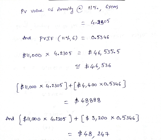 Pv value of Annuity @ 11%, 6years No = 4.2205 And PVIF (11%,6) = 0.5346 $11,000 X 402305 = $ 46, 535.5 A pple § $ 46,536 5 $1