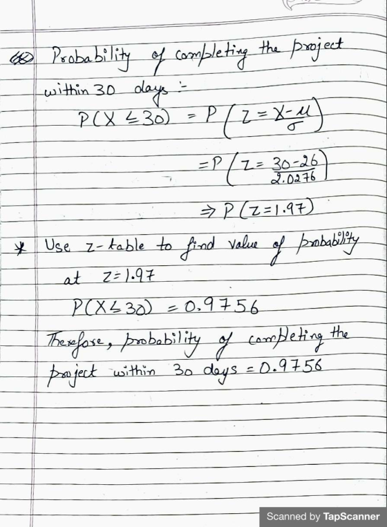 within 30 a Probability of completing the project days P6X530) - P/ 2=X_key P(za =P / 2 = 30-26 2.0276 => P (2=1.97) probabil