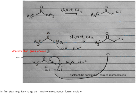 NaolH, CI Marty Nash, Cl c ea 에 요 deprotonation gives enolate correct hedh ho No C nucleophillic substitution correct represe