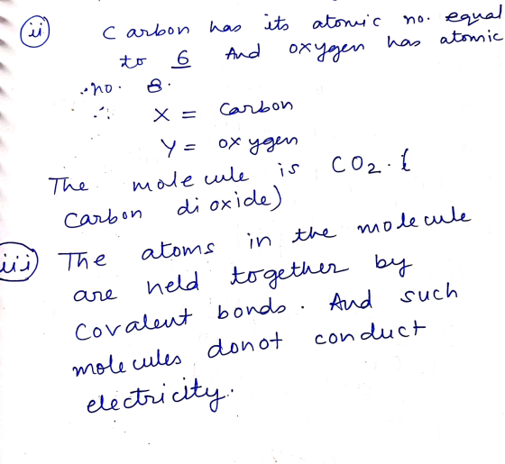 no. w has And C arbon to 6 como: its atonic has oxygen equal atomic 8 x = Carbon Y= oxygen CO2. The زند iii) The molecule is