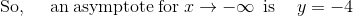 \mathrm{So,\quad\:}\mathrm{\:an\:asymptote\:for\:}x\to -\infty\mathrm{\: \:is\:}\quad y=-4