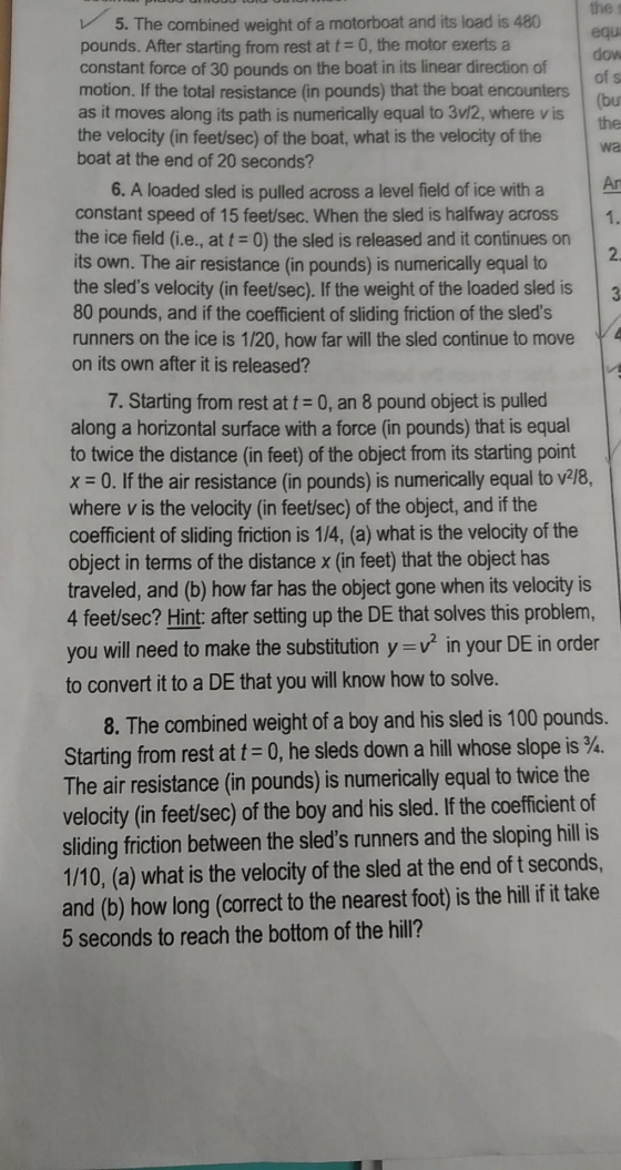 wa 3 the 5. The combined weight of a motorboat and its load is 480 egu pounds. After starting from rest at t= 0, the motor ex