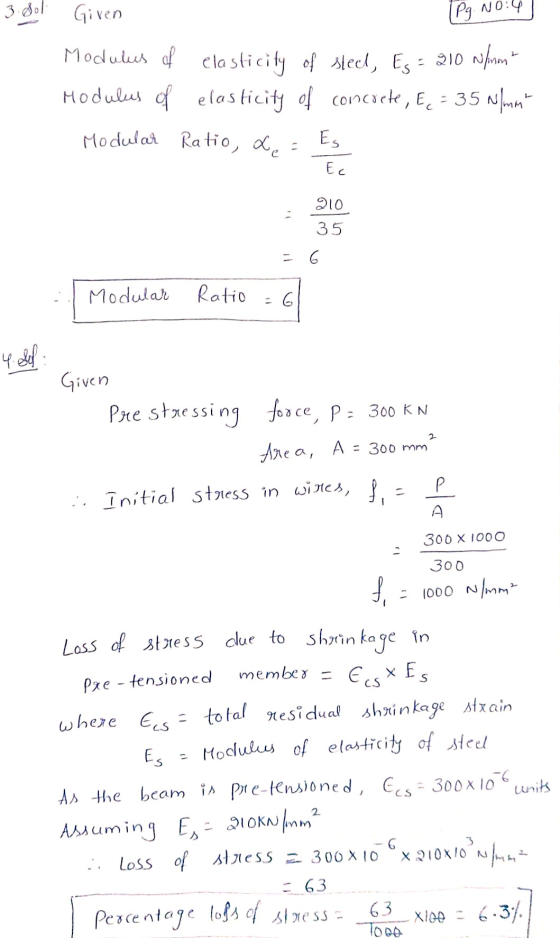 3.Sol 1Pg. NO:4 Given Modulus of elasticity of steel, Es= 210 warm Modulus of elasticity of concrete, &,= 35 N/mm Modular Rat