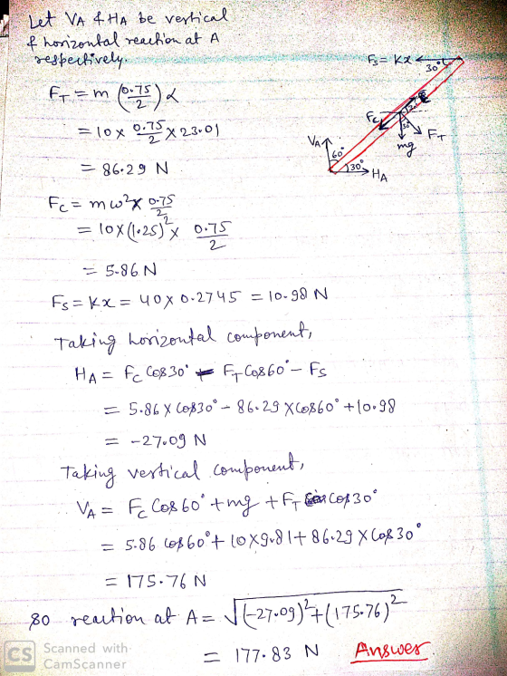 Let VA & HA be vertical & horizontal reaction at A respectively. fr = m (0.15) fs= ka 30 = 10 x 0.75 2 EX 23.01 FT ng =86:29