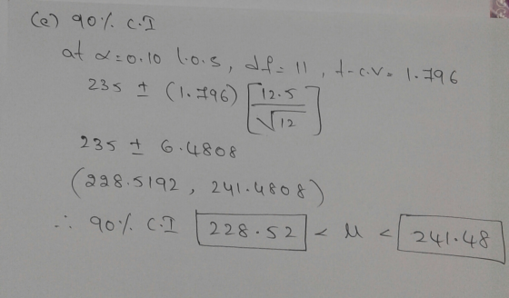(e) १० at a = 0.10 1.015, df = 11,t-cir= 1.796 235+ (11१6) 12.5 235 16.4808 (228,5192 , 2 ५। . ५806) - १०/- 228.52 - 0 241.48