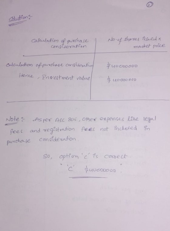 solutions of calculation of purchase consideration No. of shares issuedx market price $40000000 calculation of purchase consi
