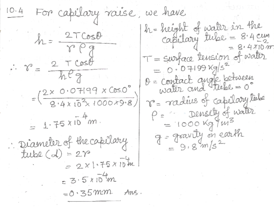- h= peg g 2 T Cosó 8 Thea - 10.4 For capilary raise, we have h 2T Costa I h = height of water in the O capilary tube = 8.4 c
