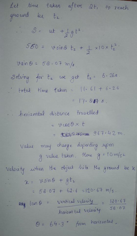 taken after at Let time to reach ut + 560= V sing tz t x10x t vain = 58 07 m/s Setving tor t e get t6.26 1(.61 + 6.26 . otal