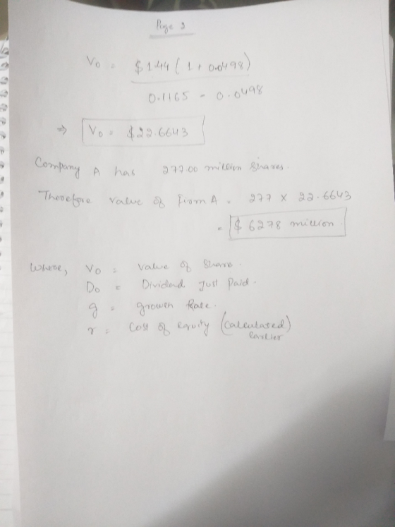 Page 3 Vo $1.444 (1100498) SOC 0.1165 -0.0498 vou $25.6643 ompany A has 277.00 millon shares. . Therefore value of from A. 27