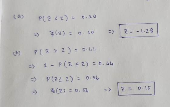 P(Z < 2) = 0.20 $(2) = -> Z= -1.28 O. 10 (6) P(Z > 2) = 0.44 --> 1 - P(Z SZ) = 0.44 P ( 222) = 0.56 => 0.15 & (2) = 0.56 Z= 2