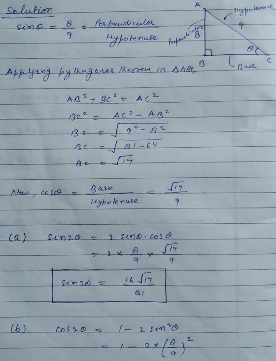 Hypotenuse 8 - Perpendicular 9 а Base Solution sino typolenuse peopench & Applying pythagoras koren in AABCB A 24 ве? Ас - 20