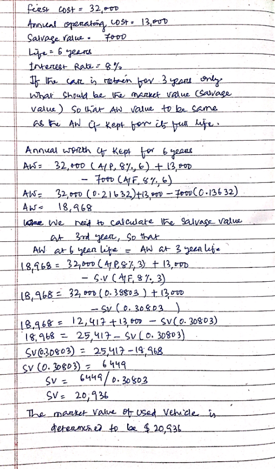 feast cost - 32.000 Annieal operating cost = 13,000 Salvage ralue 7000 Life 6 years Interest Rate - 8% If the car is retren f