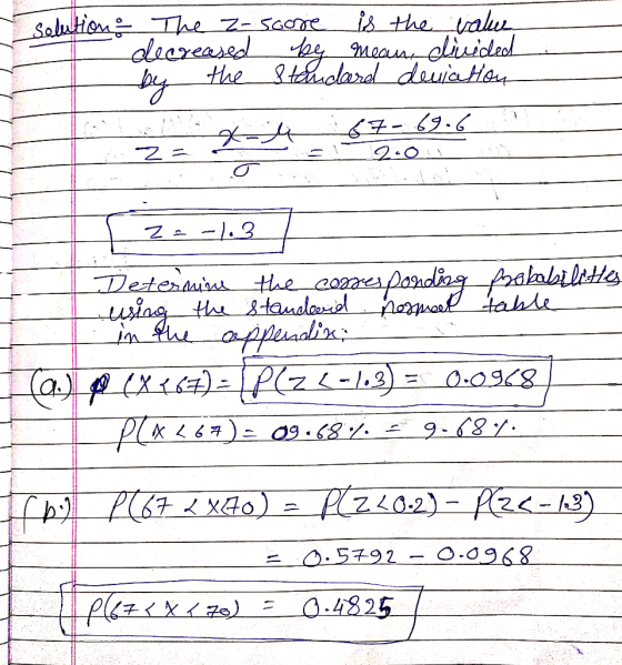 ition The Z-score is the valu decreased by mean, divided by the standard deviation x 67-69.6 2.0:1 I z=-1. 31 Detenduse the c
