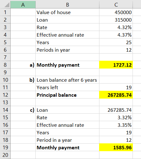 А Value of house Loan Rate Effective annual rate Years Periods in year 450000 315000 4.32% 4.37% 25 12 a) Monthly payment 172