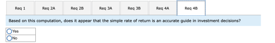 Req 1 Req 2A Req 2B Req ЗА Req 3B Req 4A Req 4B Based on this computation, does it appear that the simple rate of return is a