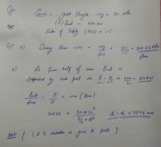 Im og » 310 mila Giren - Yield Strength (P) load factor of Safety Safety (Fos) & 1.5 420 KN Sola) Dorning Stren 310 → oy o Fo
