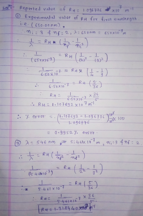 sal Reported value of RHE 1096776 10 Expenmental value of RH for fiTst auelength ie.(cs0.00nm), mi 3 nf- 2, A: 65o nm = 60X10