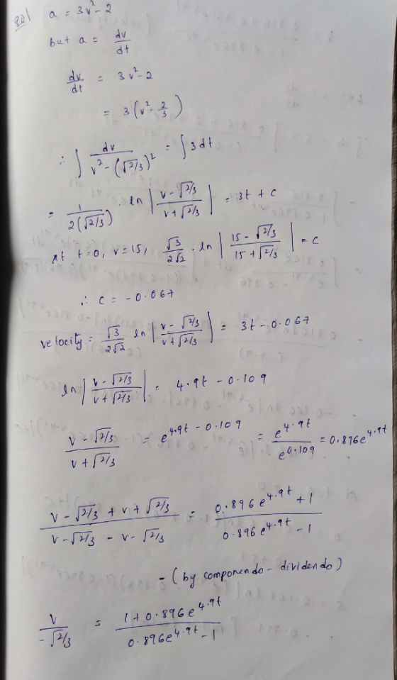 but adv d t dt (Pa) = ) 341 5 /3 ve tocily : 0 816e 8 e.tt 0 916eY.7t -(by componen do - drviden do) 40 7e47t