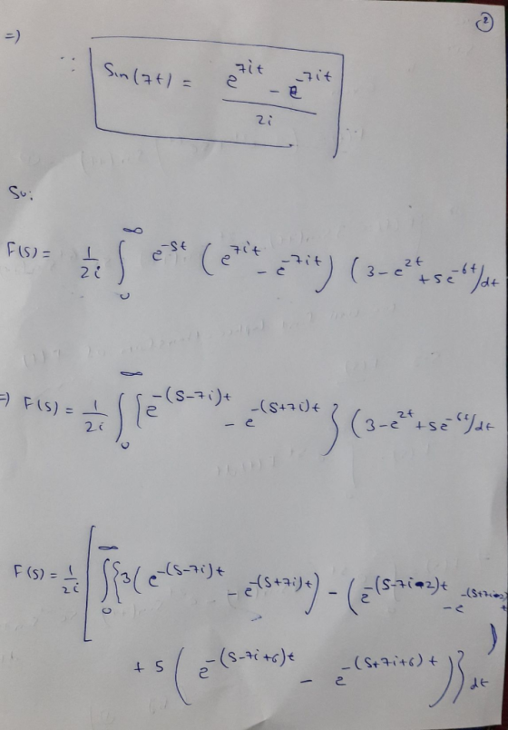 = ) Sin (7+1 = it 2 -fit zi Soi F(S) = I zi ** (*** ***) (3-2-se). = F(S) = -(S-7i)+ -(S+70+ - e 2i slere 2013 (3-2*+s=/ F