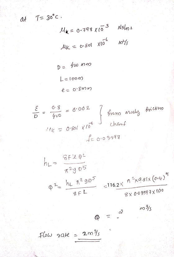at T= 30°c. 3 Ns/m2 Mua = 0.798 X10 mys 0.8el xion D = 4oo orom Leloom Cacus. Q =2 6.8 olm = 0.002 NA = frictions 400 forms m