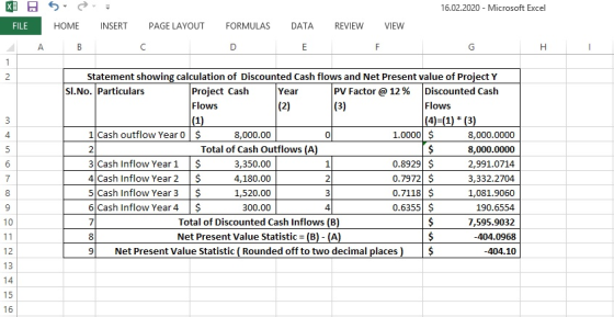 16.02.2020 - Microsoft Excel KG: FILE HOME A B INSERT PAGE LAYOUT FORMULAS DATA REVIEW VIEW (1) $ Statement showing calculati
