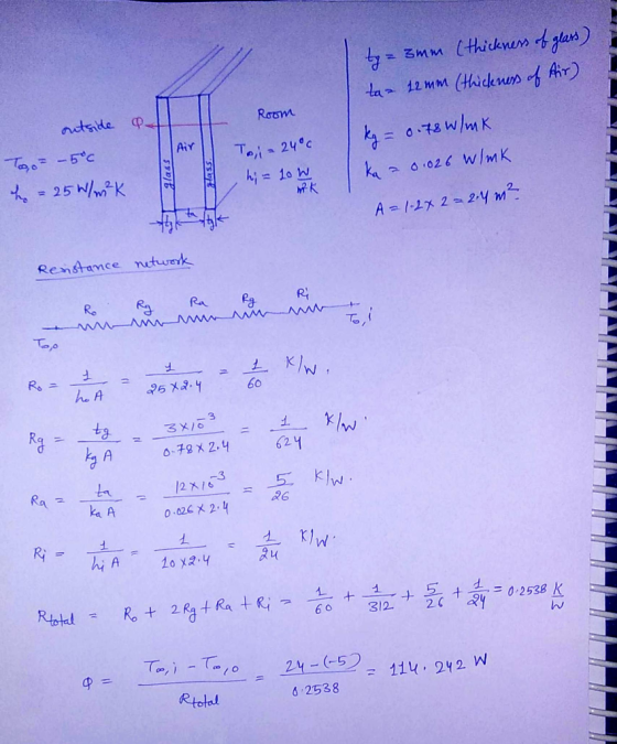 ty=3mm (thickness of glass) ta 12 mm (thickness of Air) Room outside of -5°C Toi 24°C h; = 10 W kg = 0.78 W/mk ka a 0.026 W/m