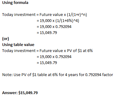 Using formula Today investment = Future value x (1/(1+r)^n) = 19,000 X (1/(1+6%)^4) = 19,000 x 0.792094 = 15,049.79 (or) Usin