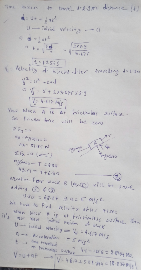 traveL d:2Jm distance t) to taken Time Uinitial velacity 2X2 3.675 |t- 1.2565 Veloc ity ot blocks atter trave liny dem t2x3.6