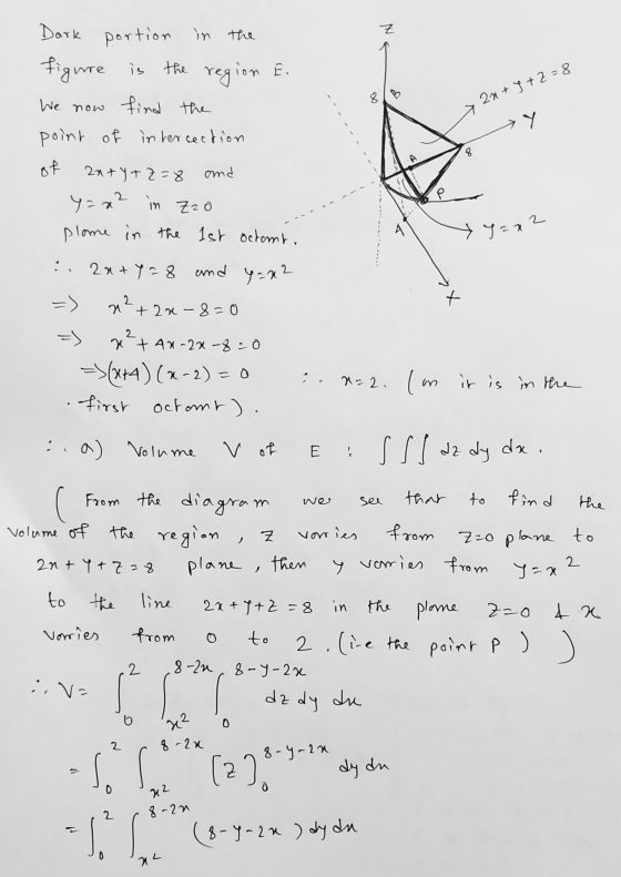 Na 72n+1+2=8 yax2 - X Dark portion in the figure is the region E. We now find the point of intersection of an+y+z=8 and y=x2