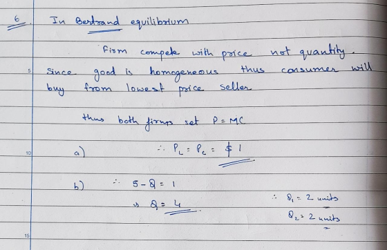 6 In Bertrand equilibrium not quantity 5 from compete with price good is homogeneous from lowest price Since will thus consum