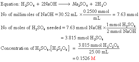 Equation: HO, 2NaOH> NaO, 2H20 0.2500 mmol7.63 mmol No of millim oles of NaOH 30.52 mL x No of moles of H,SO, needed-763 mmol