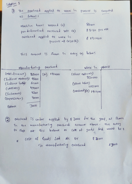 Solotion : The as overhead follows: applied to work in process is computed 87000 $2.20 per MH Machine hours worked (a) pre de